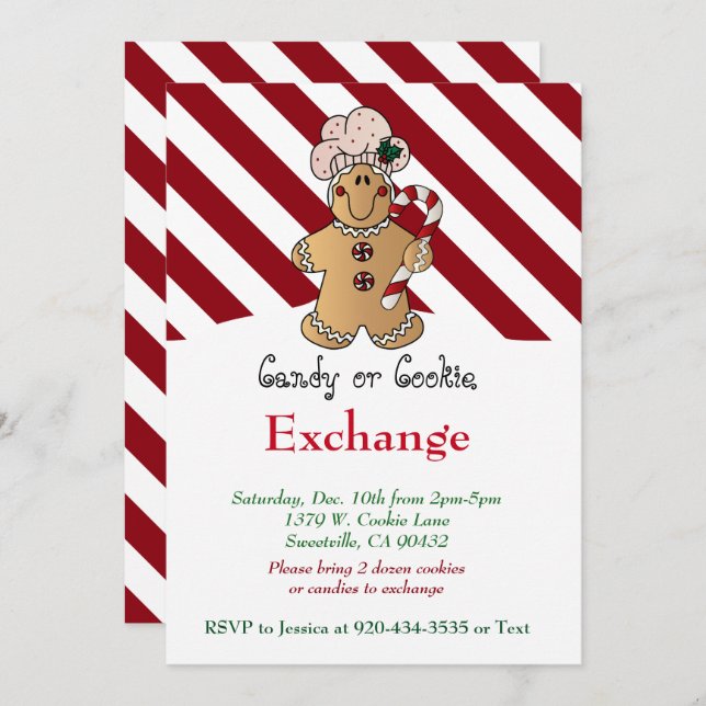 Convite Candy Cane Gingerbird Cookie & Candy Exchange (Frente/Verso)