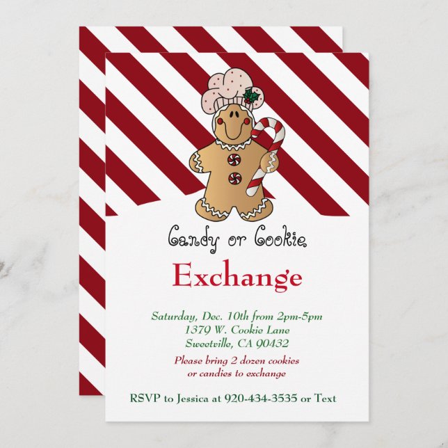 Convite Candy Cane Gingerbird Cookie & Candy Exchange (Frente/Verso)