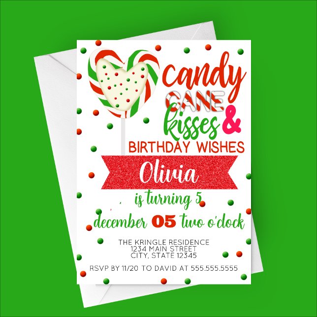 Convite Candy Cane Kisses Festa de Aniversário (Candy Cane Kisses and Birthday Wishes | Candy Cane Heart Candy Birthday Party Invitation)