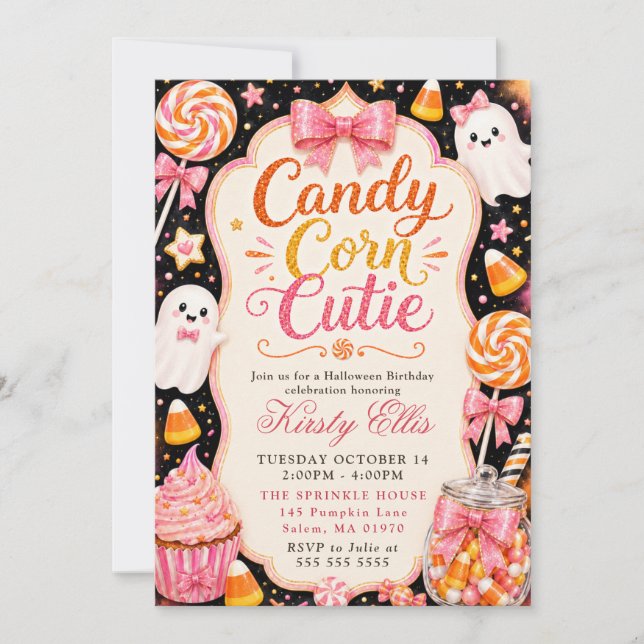 Convite Candy Corn Doce Aniversário de Halloween (Frente)