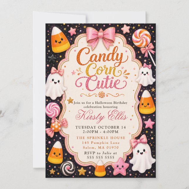 Convite Candy Corn Doce Aniversário de Halloween (Frente)