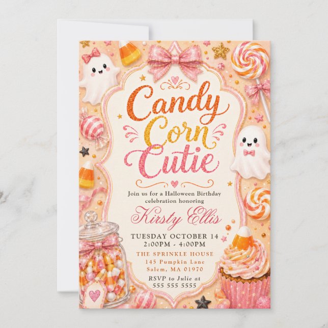 Convite Candy Corn Fofo Aniversário de Halloween (Frente)