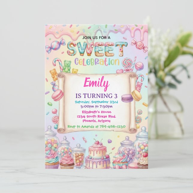 Convite Candy Land Girl Birthday Sweet Celebration Rainbow (Em pé/Frente)
