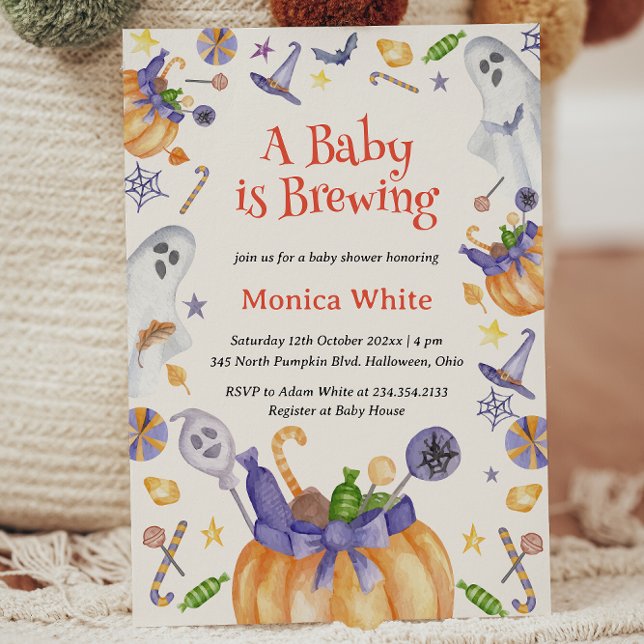 Convite Candy Pumpkin Fantasma Halloween Bebê Chá (Candy Pumpkin Ghosts Halloween Baby Brewing Shower Invitation)