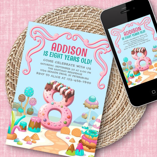 Convite Candy Sweet Girl's Candyland 8th Birthday (Criador carregado)