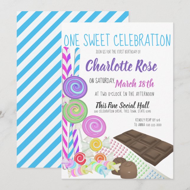Convite Candy Sweet Primeira Festa de aniversário (Frente/Verso)