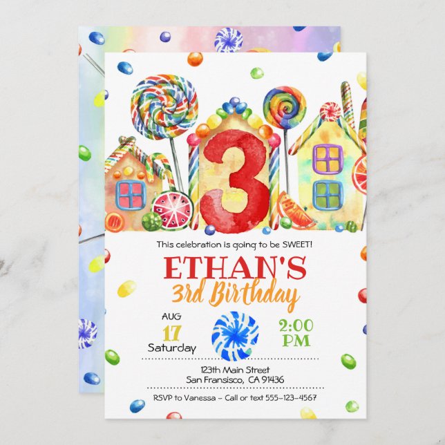 Convite Candyland Candy para o Tema Candy - 3º (Frente/Verso)