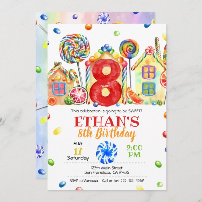 Convite Candyland Candy para o Tema Candy - 8º (Frente/Verso)