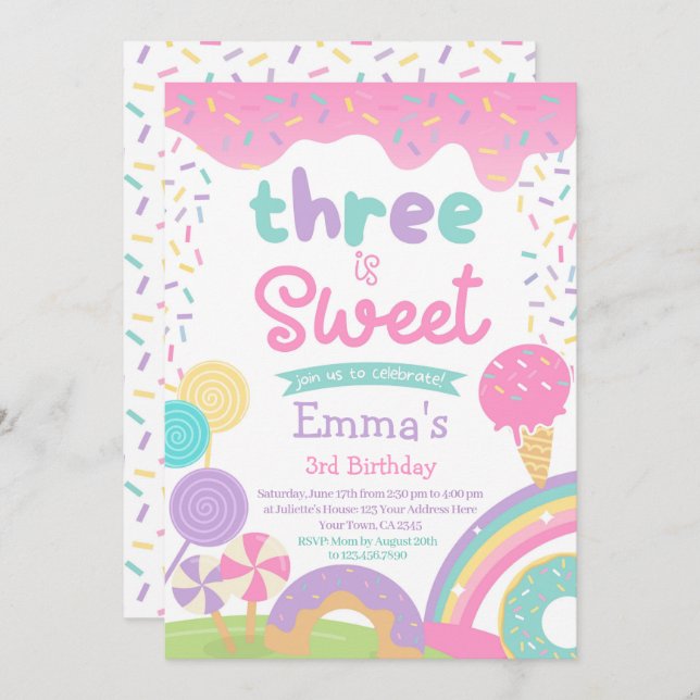 Convite Candyland e Sorvete, dois segundos aniversários do (Frente/Verso)