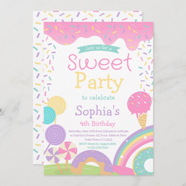 Convite Candyland e Sorvete totalmente personalizáveis (Frente/Verso)