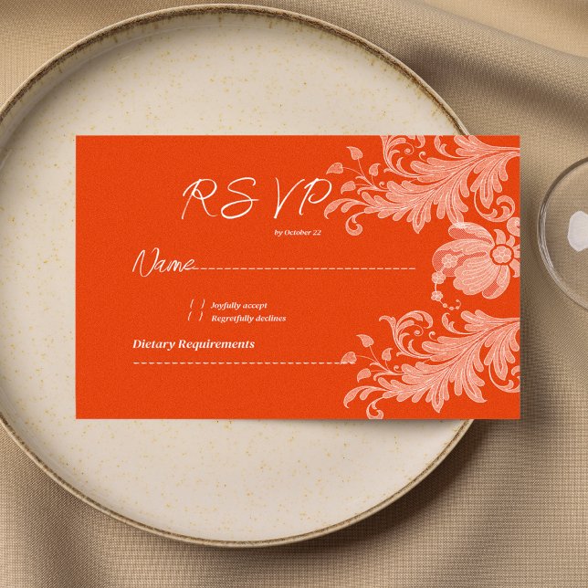 Convite Canela laranja floral branco renda RSVP (Cinnamon orange white floral lace RSVP )