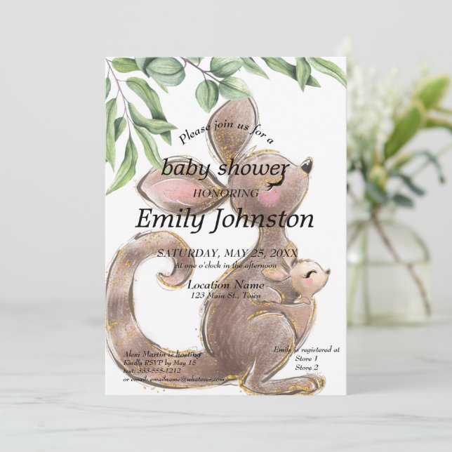 Convite Canguru Pintado Chá de fraldas Neutro de Gênero (Em pé/Frente)