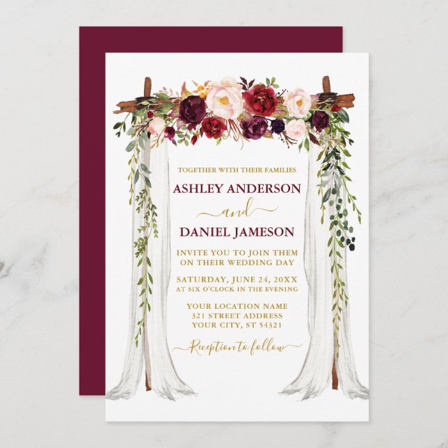 Convite Canopia de Casamento Floral de Watercolor Burgundy (Frente/Verso)