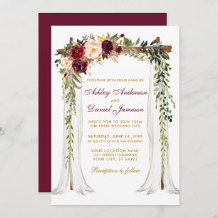 Convite Canopy Watercolor Floral Burgundy, Dourado