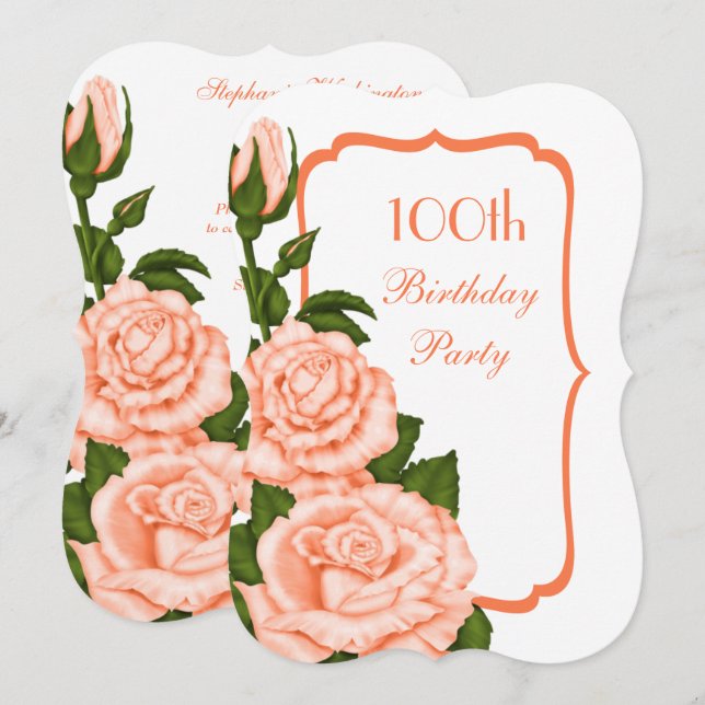 Convite Canto Chic Rosas Coral 100º Aniversário (Frente/Verso)
