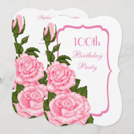 Convite Canto Chic Rosas Rosa Aniversário de 100 anos