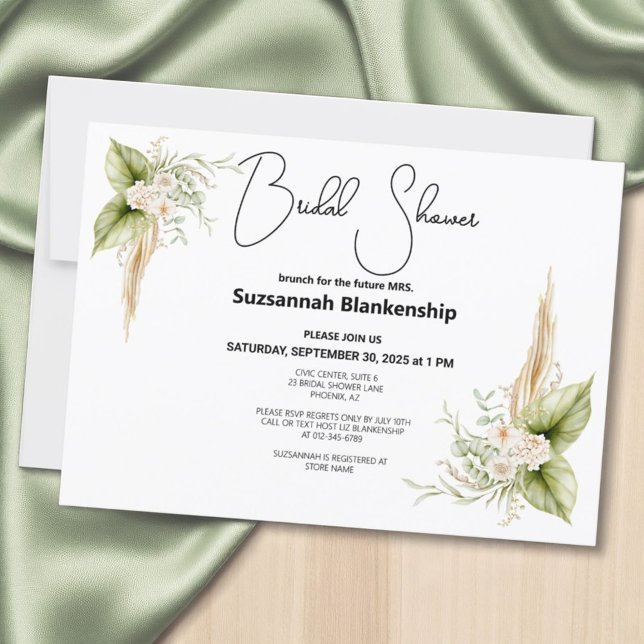 Convite Canto da Borda Floral Noiva Chuva de Estilo (Bridal shower template invitation front has a solid white back)