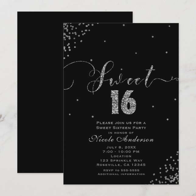 Convite Canto de Confetes Preto e Prata para SWEET 16 Deze (Frente/Verso)