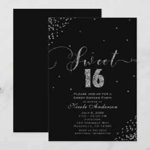 Convite Canto de Confetes Preto e Prata para SWEET 16 Deze