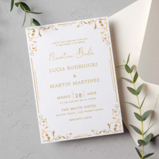 Convite Canto de Enfeite Dourado Espanhol Nossa Boda