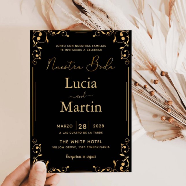 Convite Canto de Ornamento Dourado Preto Espanhol Nuestra  (Criador carregado)