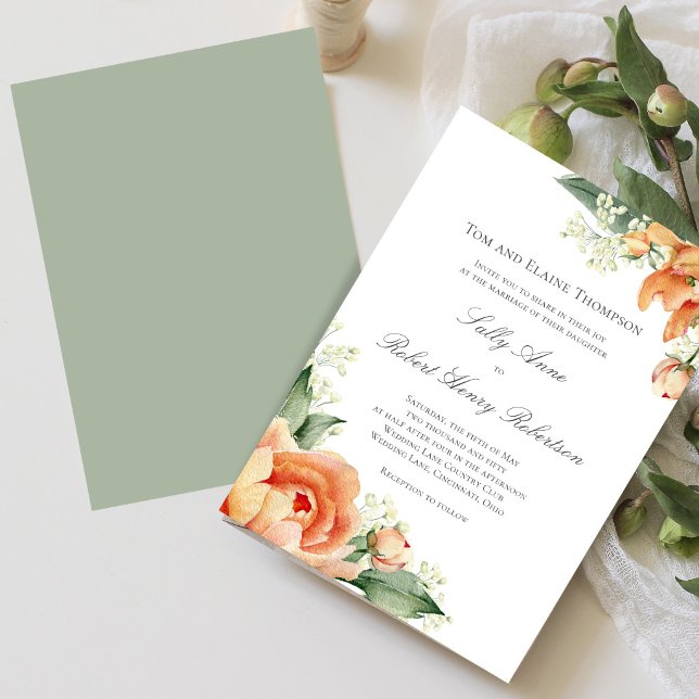 Convite Canto Floral de Pêssego Vegetação Script Elegante (Elegant peach floral wedding design shown on mobile, perfect for modern sharing and digital previews)