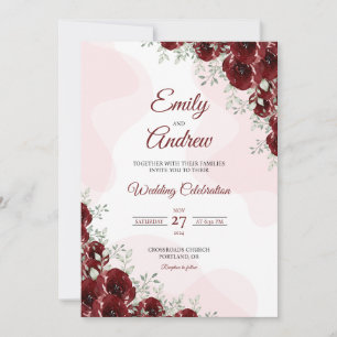 Convite Canto Rosa Profunda Floral Aquarela Casamento Eleg