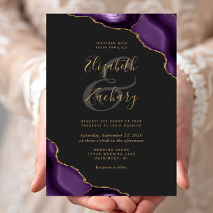 Convite Cantos de Ágata Dourada Roxa Casamento Sombrio