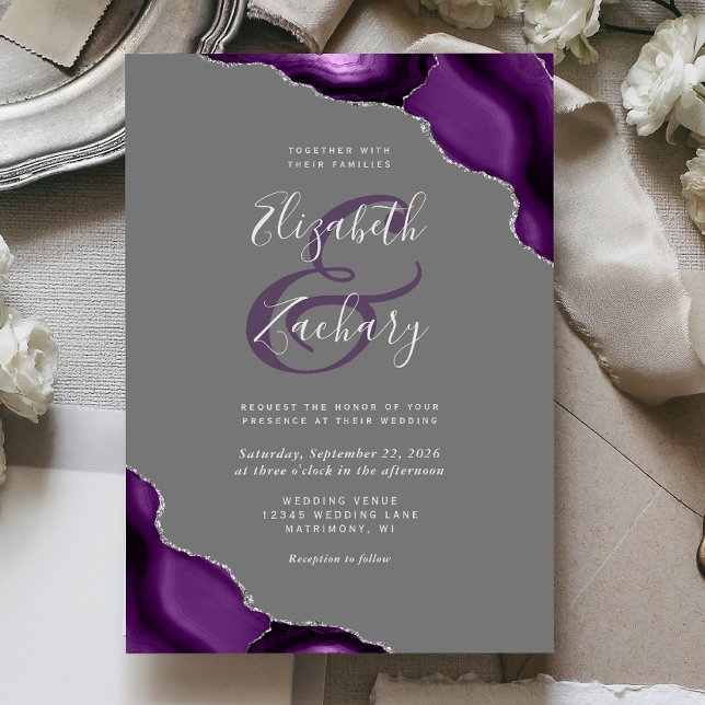 Convite Cantos de Ágata Prata Roxo Casamento Cinza (Criador carregado)