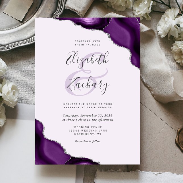 Convite Cantos de Ágata Prateada Roxa Pastel Casamento (Criador carregado)