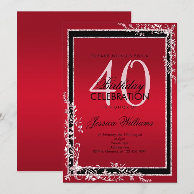 Convite Cantos Decorativos Ruby & Black Aniversário (Frente/Verso)