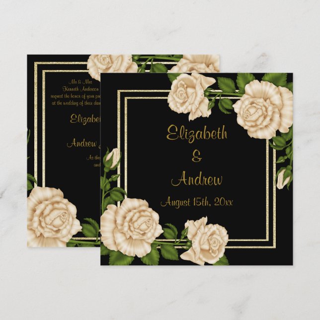 Convite Cantos Elegantes de Rosas Marfim em Bouquets de Ca (Frente/Verso)