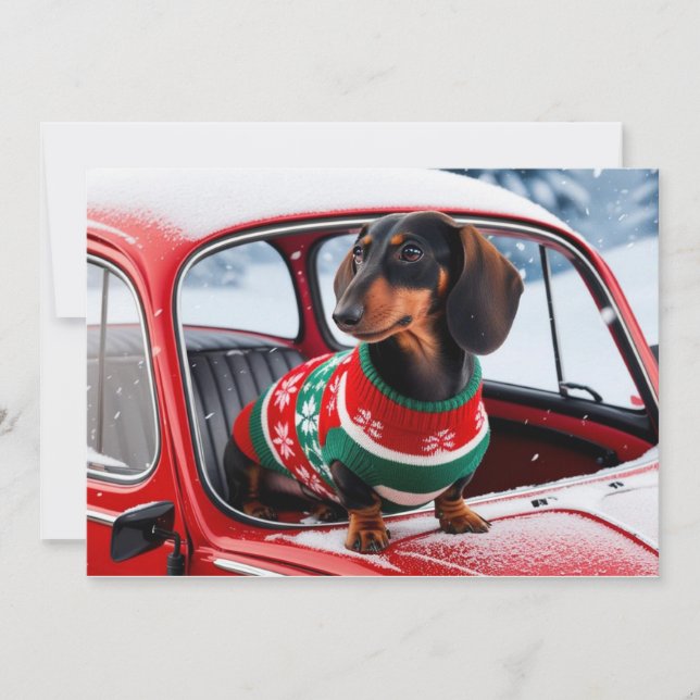 Convite cão dachshund num carro e feriados (Frente)