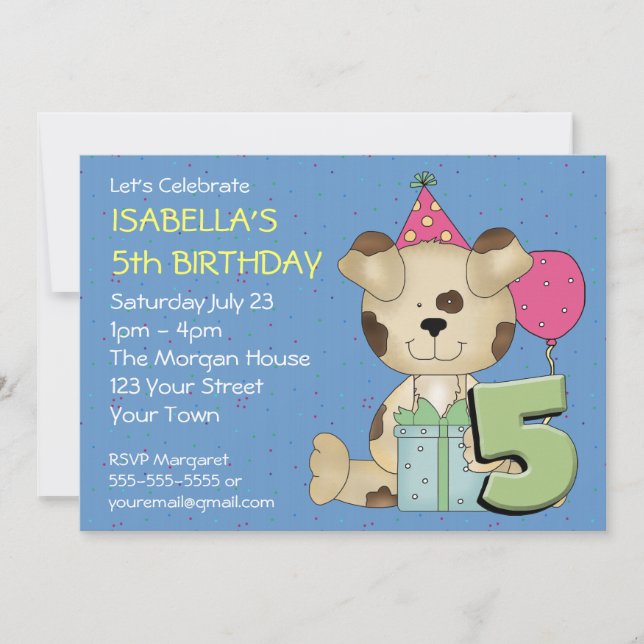 Convite Cão-de-Aniversário de 5 Personalizável (Frente)