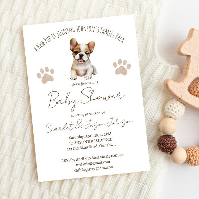 Convite Cão-gato-do-mato-chá de fraldas (Puppy dog themed baby shower editable template invitation digital download cute French Bulldog brown)