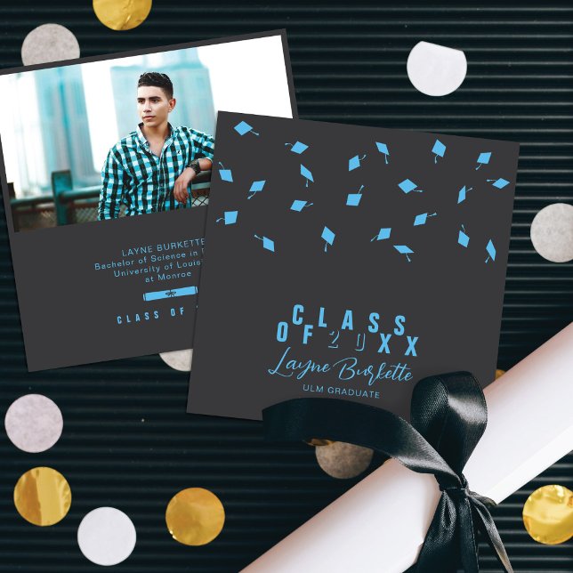 Convite Cap Toss Gray & Blue Graduation Announcement (Criador carregado)