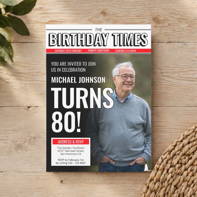 Convite Capa de Jornal Moderno com Foto Personalizada para (Custom Photo Modern Newspaper Cover 80th Birthday Invitation)