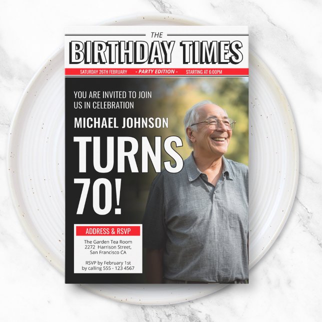 Convite Capa de Jornal Personalizada Moderna com Foto para (Modern Custom Photo Newspaper Cover 70th Birthday Invitation)