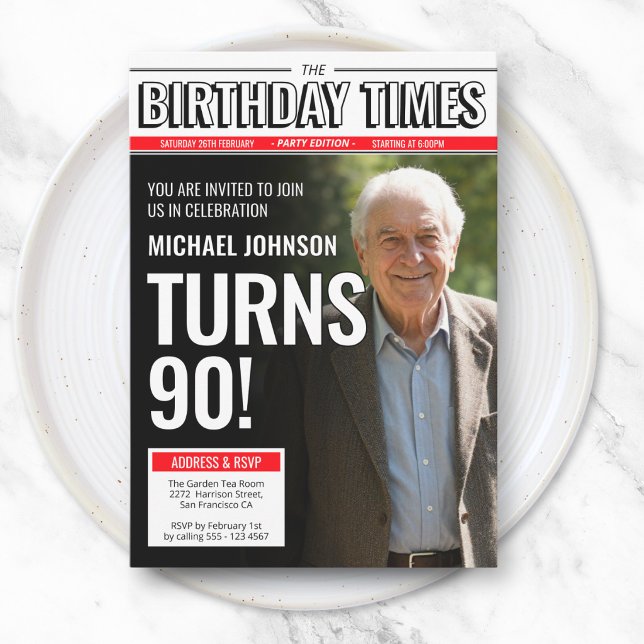 Convite Capa de Jornal Personalizada Moderna para os 90 An (Modern Custom Photo 90th Birthday Newspaper Cover Invitation)