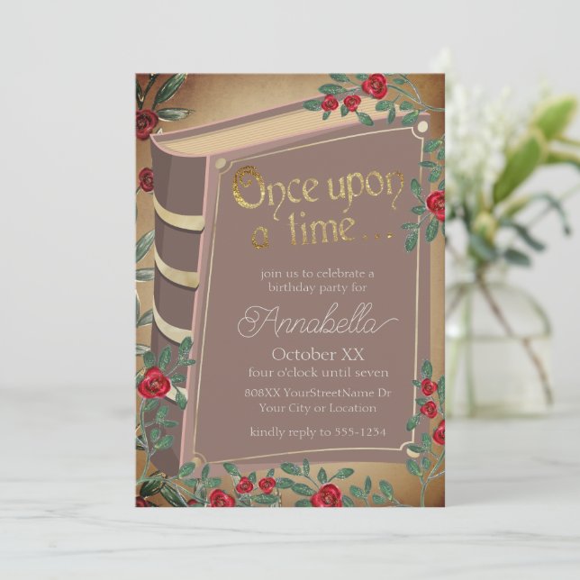 Convite Capa de Livro de Conto de Fadas com Rosas Vermelha (Em pé/Frente)