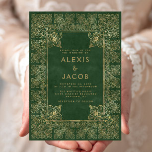 Convite Capa de Livro Verde Dourado Vintage para Casamento