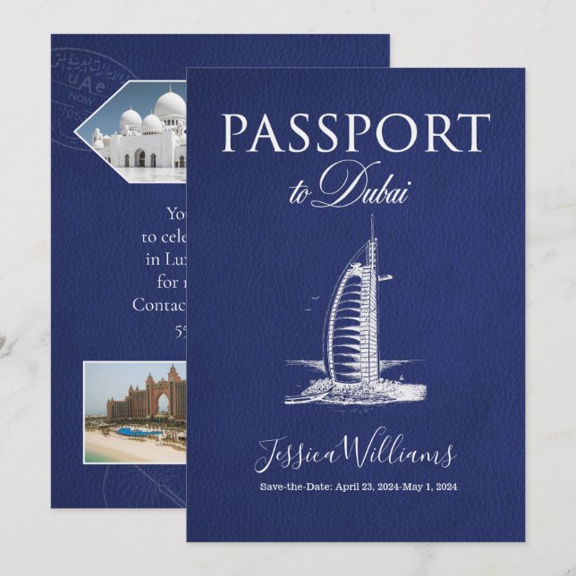 Convite Capa de Passaporte Leather Dubai Save the Date (Frente/Verso)