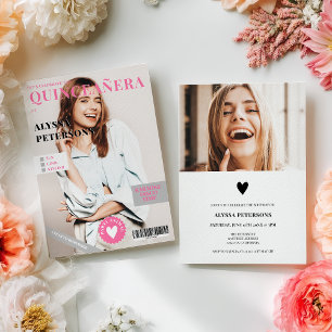 Convite Capa de revista 2 fotos rosa Quinceanera moderna