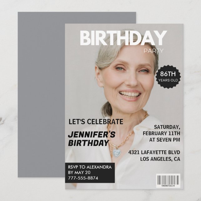 Convite Capa de Revista com Estilo para seu 86º aniversári (Frente/Verso)