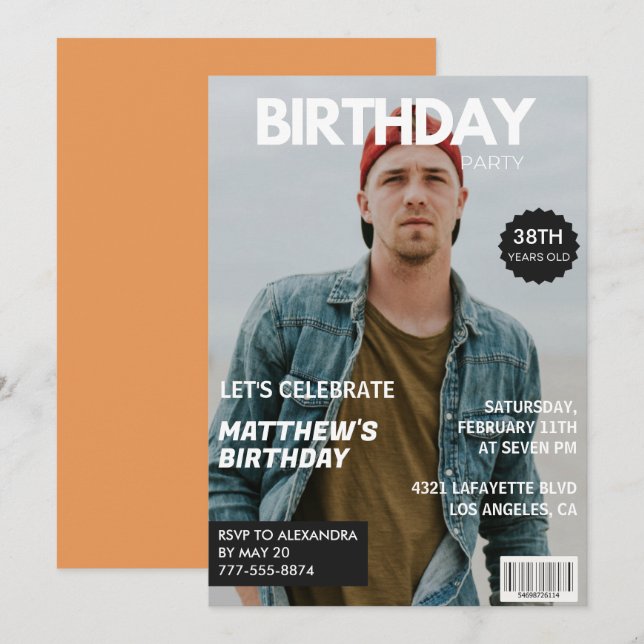 Convite Capa de Revista Moderna para ele 38º aniversário (Frente/Verso)