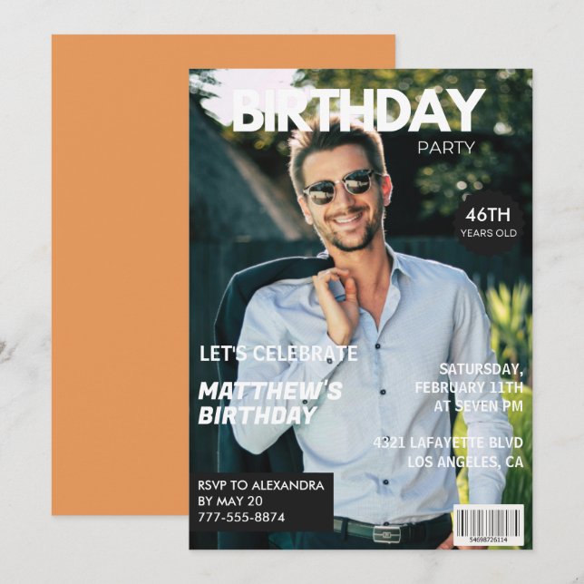 Convite Capa de Revista Moderna para ele 46º aniversário (Frente/Verso)