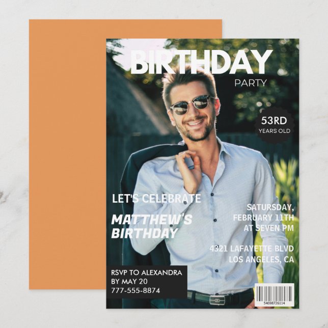 Convite Capa de Revista Moderna para ele 53º aniversário (Frente/Verso)