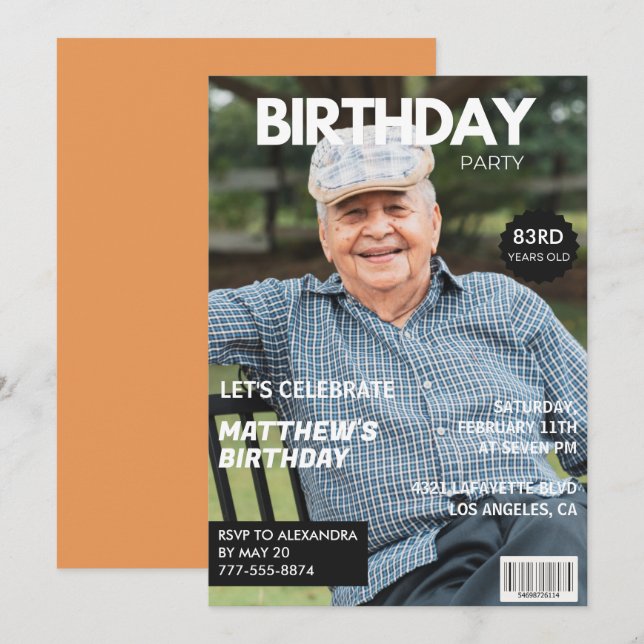 Convite Capa de Revista Moderna para ele Foto de 83º anive (Frente/Verso)