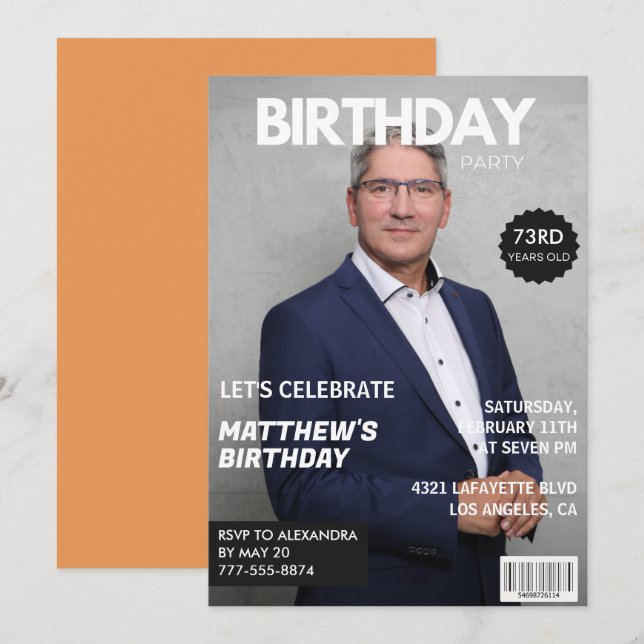 Convite Capa de Revista Moderna para ele Foto de aniversár (Frente/Verso)