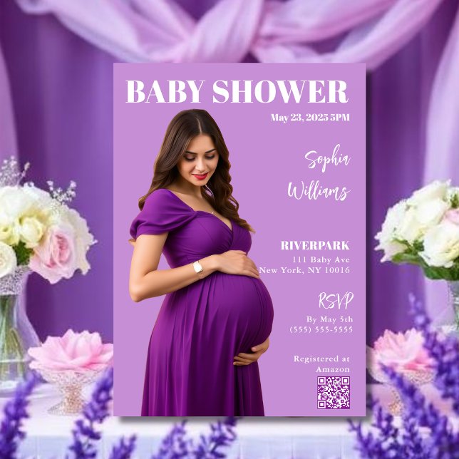 Convite Capa de Revista para Chá de Bebê (Baby Shower Magazine Cover Invitation purple)